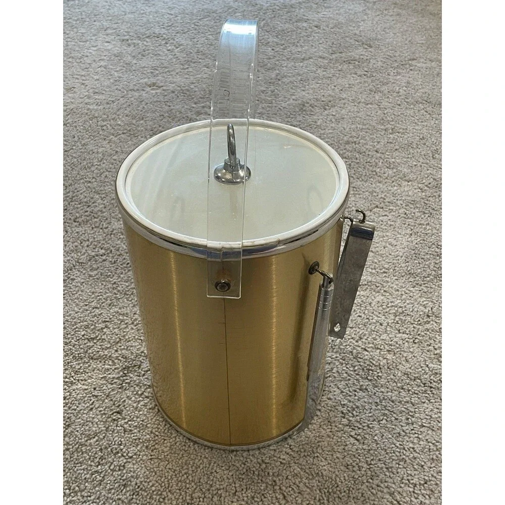 Ice Bucket Brushed Gold Silver Clear Lucite Handle & Lid 3 Tools‎ Box Vintage